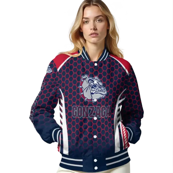 personalized gonzaga bulldogs hexagon grid blue varsity jacket latest model.webp
