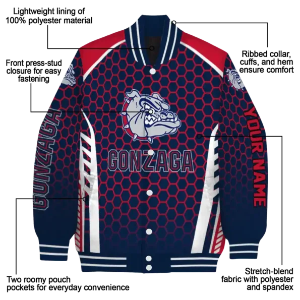 personalized gonzaga bulldogs hexagon grid blue varsity jacket new arrival.webp