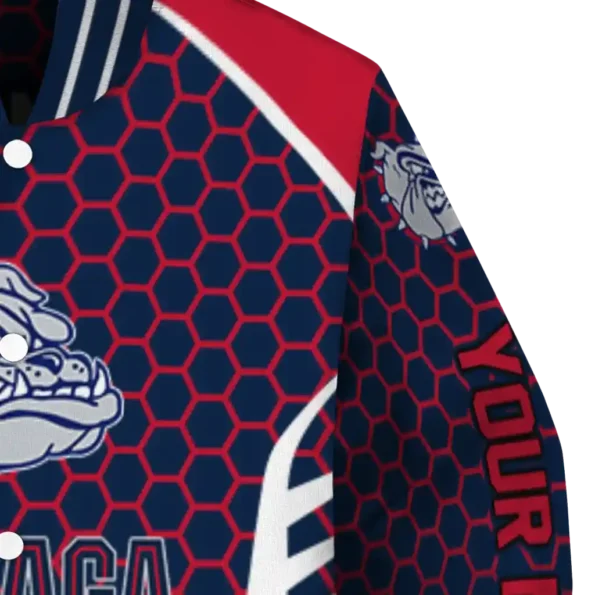personalized gonzaga bulldogs hexagon grid blue varsity jacket premium grade.webp