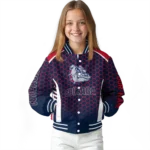 personalized gonzaga bulldogs hexagon grid blue varsity jacket best selling.webp