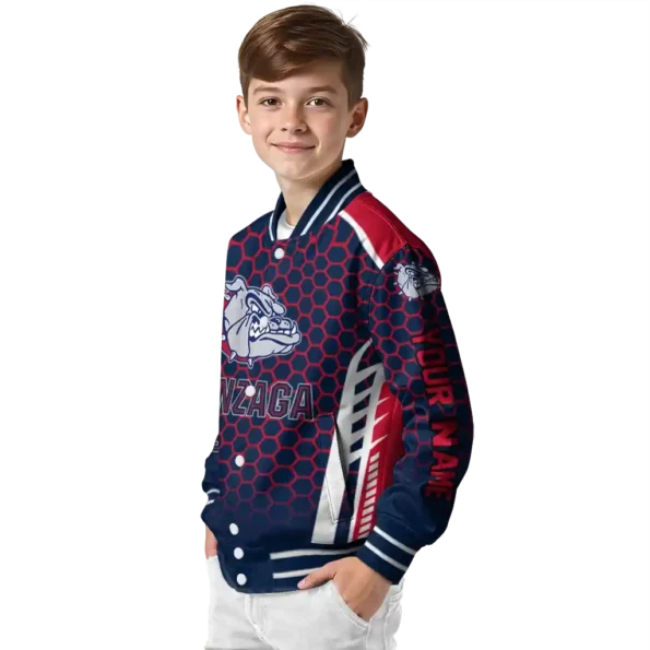 personalized gonzaga bulldogs hexagon grid blue varsity jacket trendy.webp