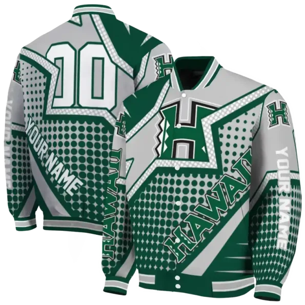 personalized hawaii rainbow warriors star burst green varsity jacket fashion forward.webp