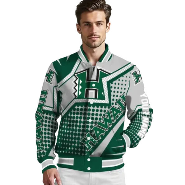 personalized hawaii rainbow warriors star burst green varsity jacket high quality.webp