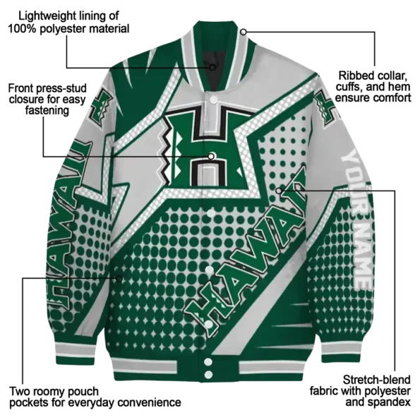 personalized hawaii rainbow warriors star burst green varsity jacket new arrival.webp