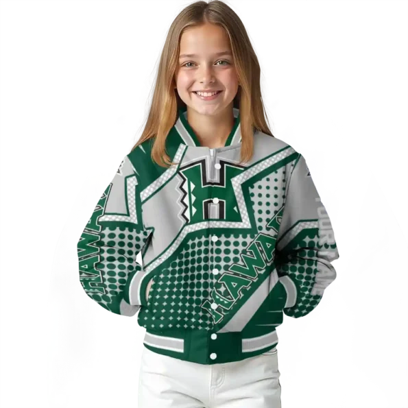 personalized hawaii rainbow warriors star burst green varsity jacket top rated.webp