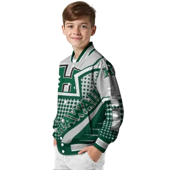 personalized hawaii rainbow warriors star burst green varsity jacket trendy.webp
