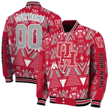 personalized houston cougars pyramid shapes red varsity jacket fashion forward.webp
