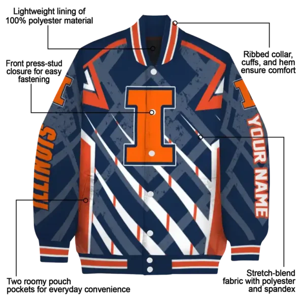 personalized illinois fighting illini chevron angles blue varsity jacket new arrival.webp
