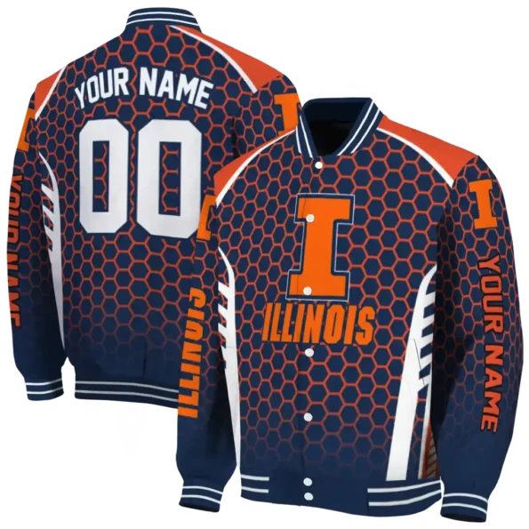personalized illinois fighting illini hexagon grid blue varsity jacket fashion forward.webp