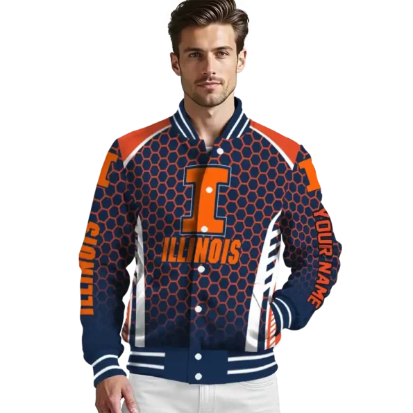 personalized illinois fighting illini hexagon grid blue varsity jacket high quality.webp