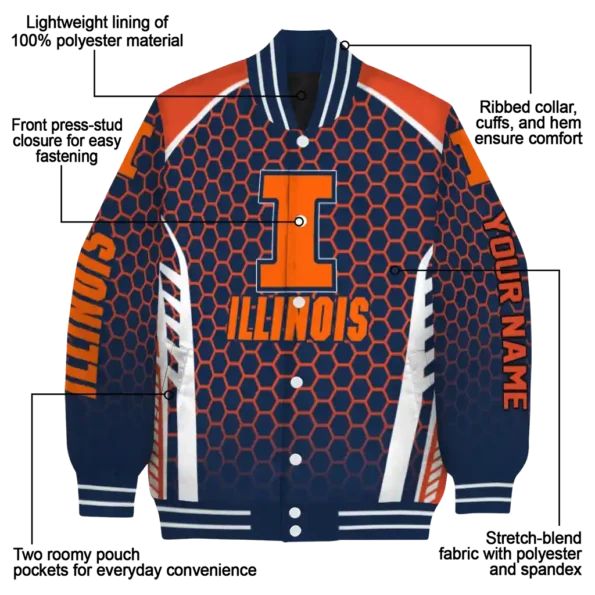 personalized illinois fighting illini hexagon grid blue varsity jacket new arrival.webp