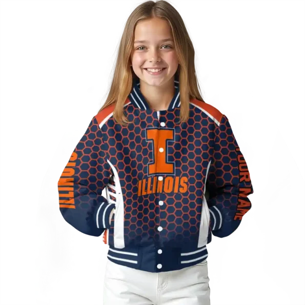 personalized illinois fighting illini hexagon grid blue varsity jacket top rated.webp