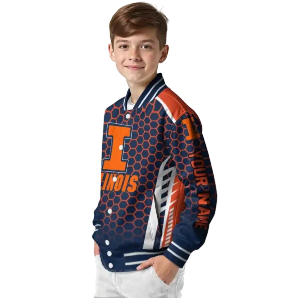 personalized illinois fighting illini hexagon grid blue varsity jacket trendy.webp
