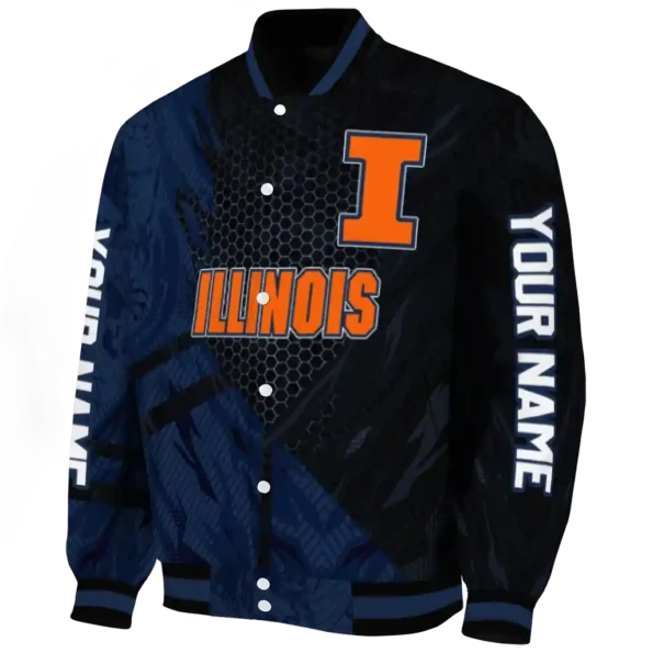 personalized illinois fighting illini hexagon mesh blue black varsity jacket best selling