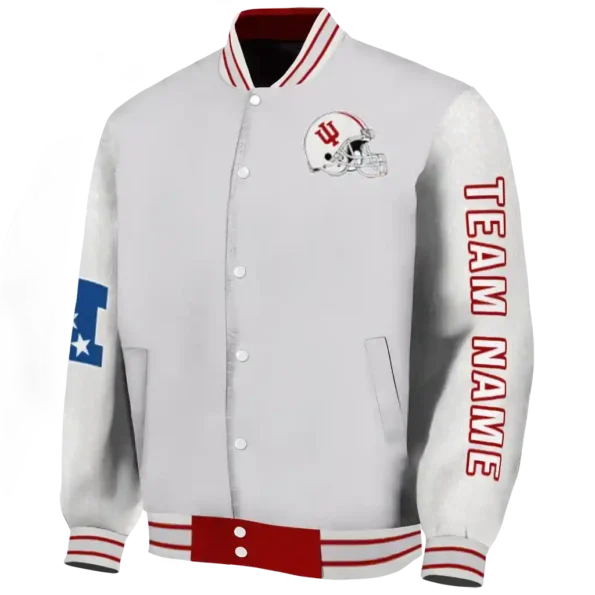 personalized indiana hoosiers speckled arms red gray varsity jacket best selling