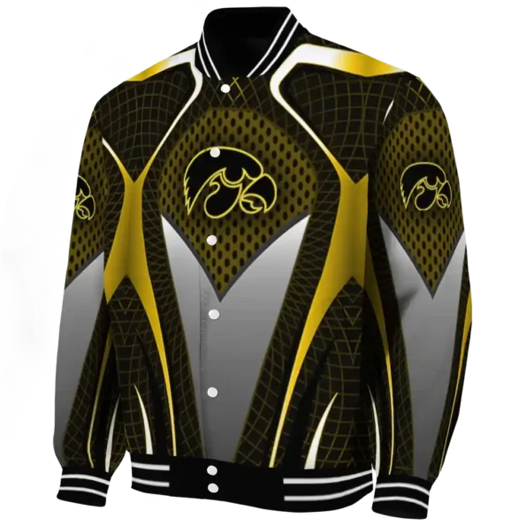 personalized iowa hawkeyes mesh chest gold black varsity jacket best selling