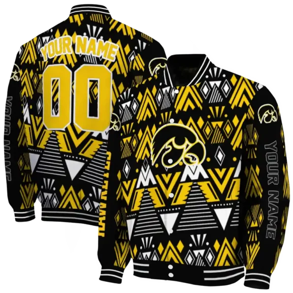 personalized iowa hawkeyes pyramid shapes black varsity jacket fashion forward.webp