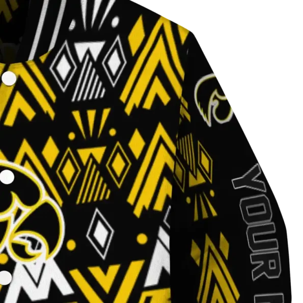 personalized iowa hawkeyes pyramid shapes black varsity jacket premium grade.webp