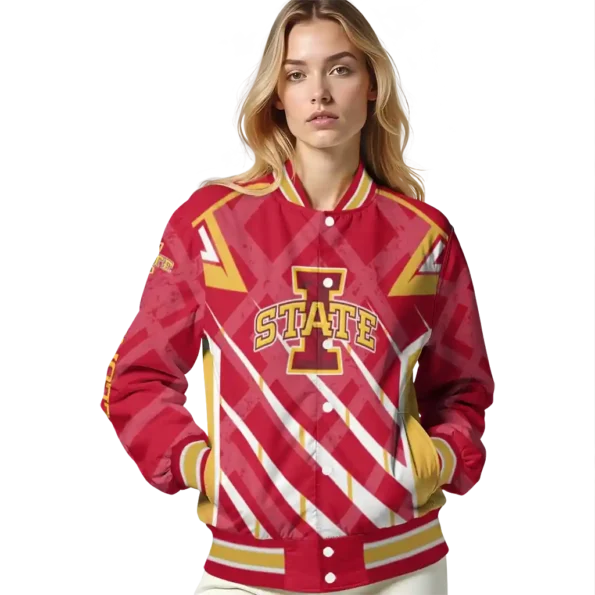 personalized iowa state cyclones chevron angles red varsity jacket latest model.webp