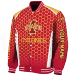 personalized iowa state cyclones hexagon grid red varsity jacket best selling.webp