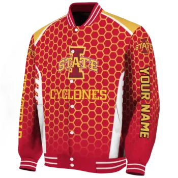 personalized iowa state cyclones hexagon grid red varsity jacket best selling.webp