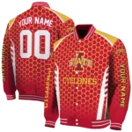 personalized iowa state cyclones hexagon grid red varsity jacket best selling.webp