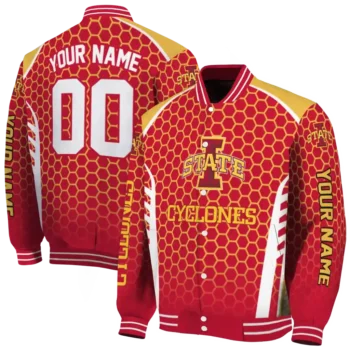 personalized iowa state cyclones hexagon grid red varsity jacket fashion forward.webp