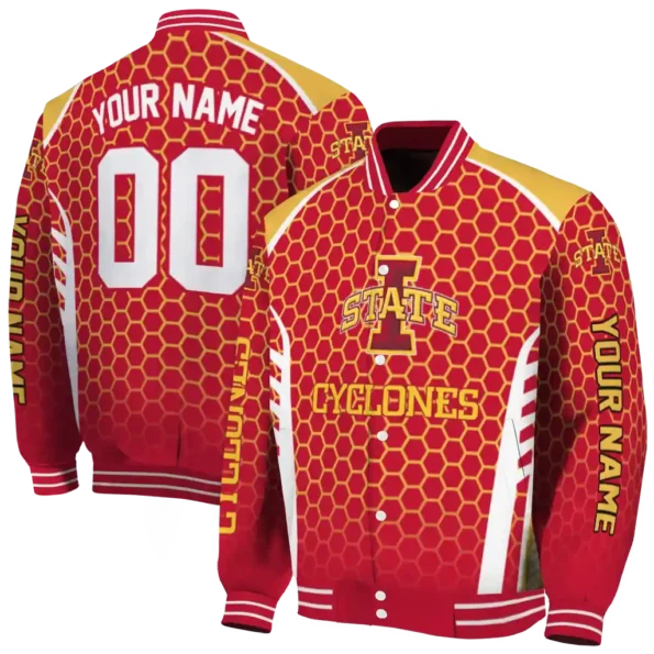 personalized iowa state cyclones hexagon grid red varsity jacket fashion forward.webp