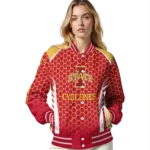 personalized iowa state cyclones hexagon grid red varsity jacket best selling.webp