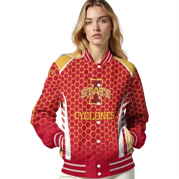 personalized iowa state cyclones hexagon grid red varsity jacket latest model.webp