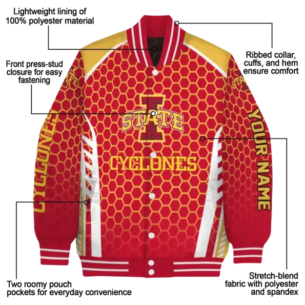 personalized iowa state cyclones hexagon grid red varsity jacket new arrival.webp
