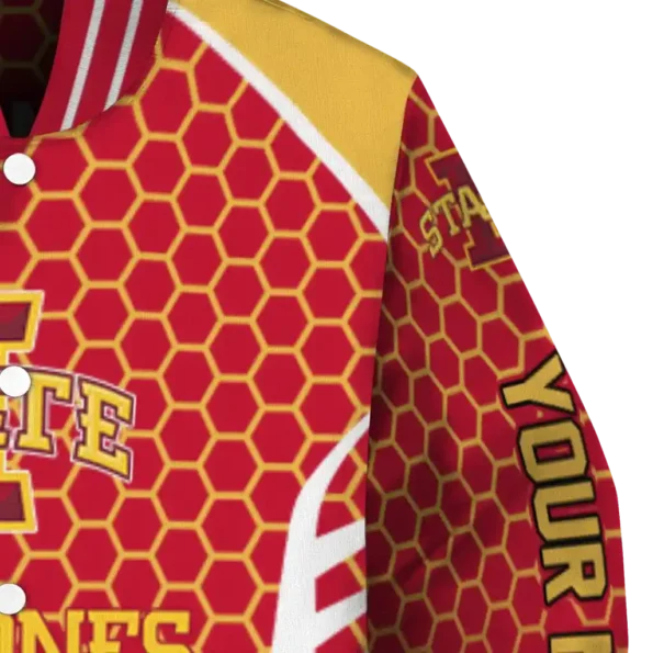 personalized iowa state cyclones hexagon grid red varsity jacket premium grade.webp