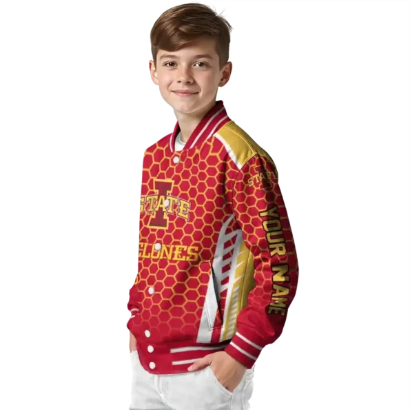 personalized iowa state cyclones hexagon grid red varsity jacket trendy.webp