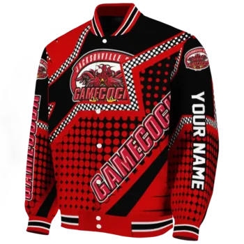 personalized jacksonville state gamecocks star burst red varsity jacket best selling.webp