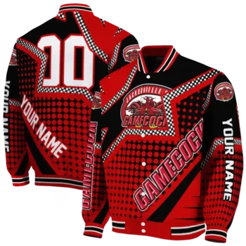 personalized jacksonville state gamecocks star burst red varsity jacket fashion forward.webp