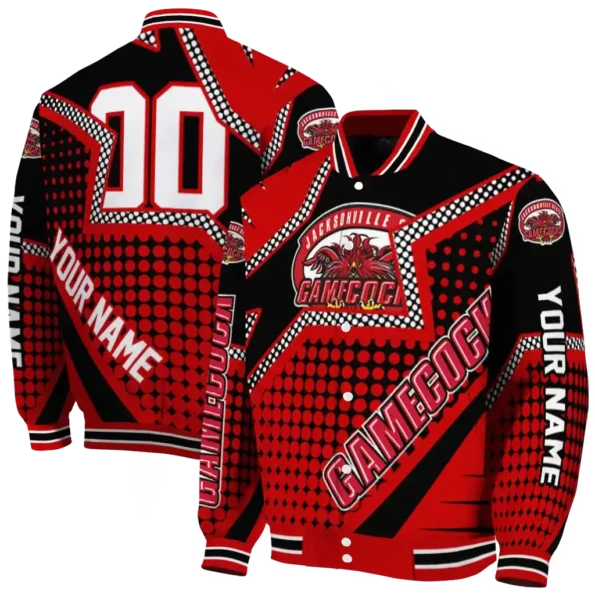 personalized jacksonville state gamecocks star burst red varsity jacket fashion forward.webp