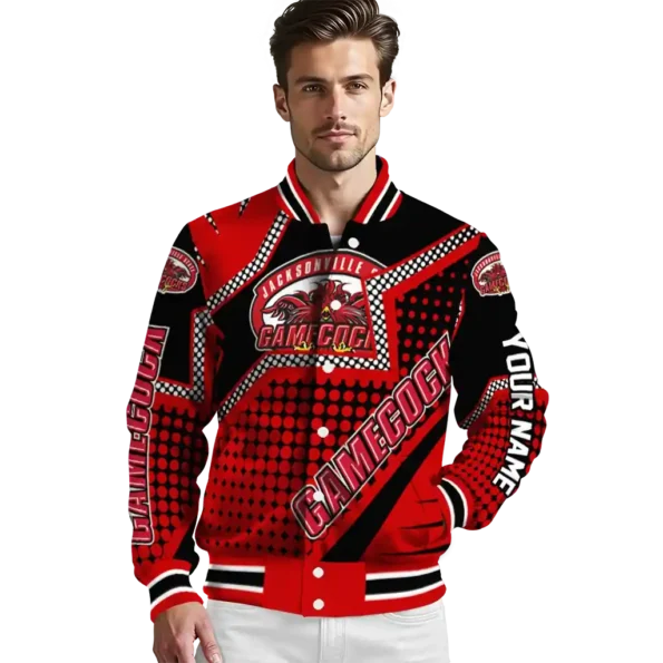personalized jacksonville state gamecocks star burst red varsity jacket high quality.webp