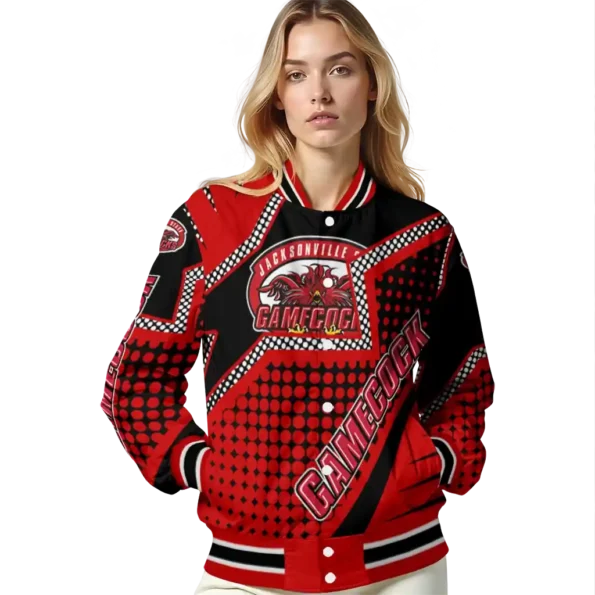 personalized jacksonville state gamecocks star burst red varsity jacket latest model.webp