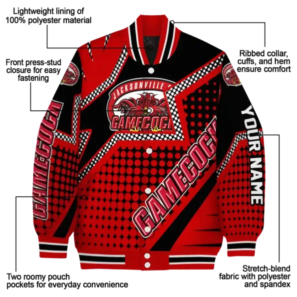 personalized jacksonville state gamecocks star burst red varsity jacket new arrival.webp