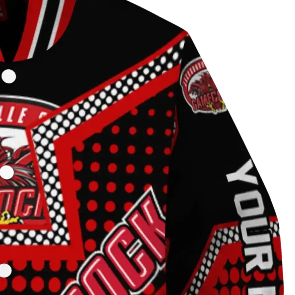 personalized jacksonville state gamecocks star burst red varsity jacket premium grade.webp