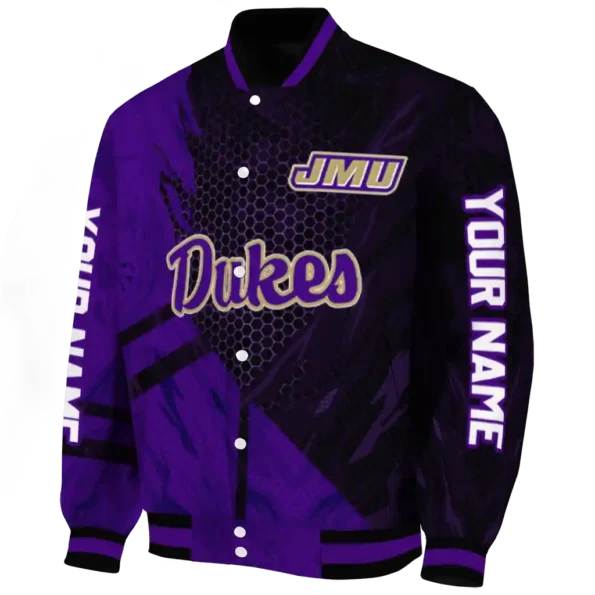 personalized james madison dukes hexagon mesh purple black varsity jacket best selling