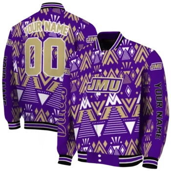 personalized james madison dukes pyramid shapes purple varsity jacket fashion forward.webp