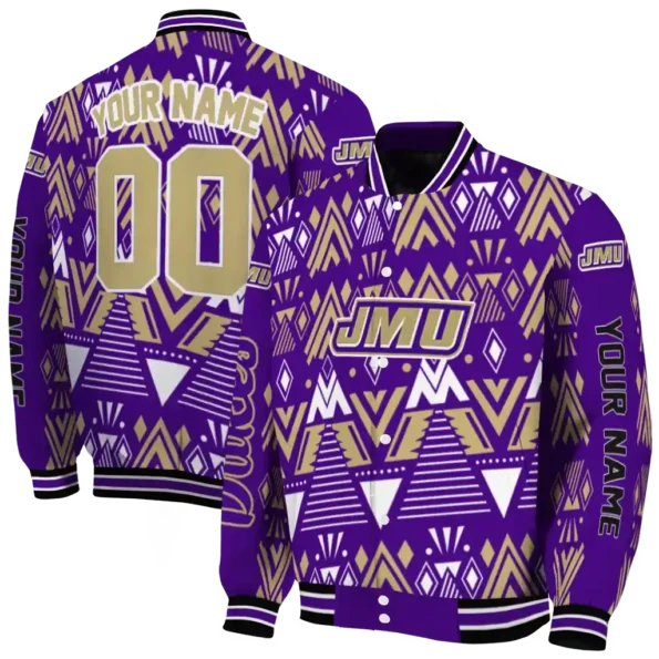 personalized james madison dukes pyramid shapes purple varsity jacket fashion forward.webp