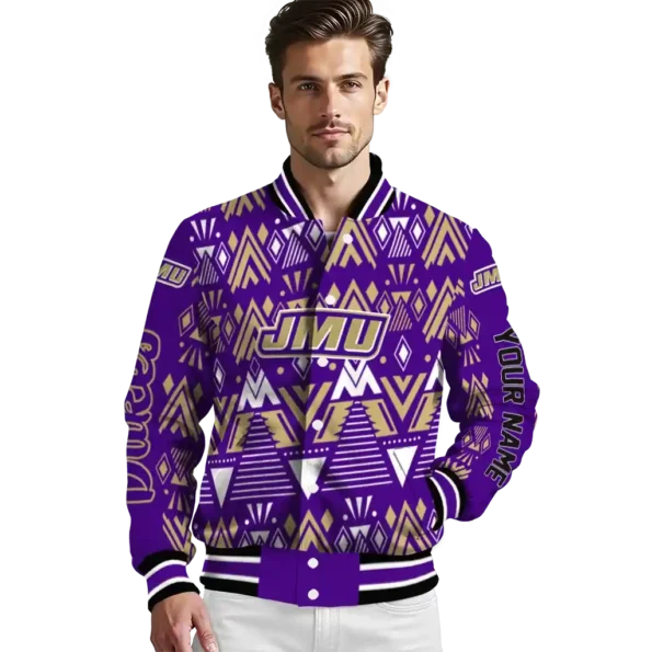 personalized james madison dukes pyramid shapes purple varsity jacket high quality.webp