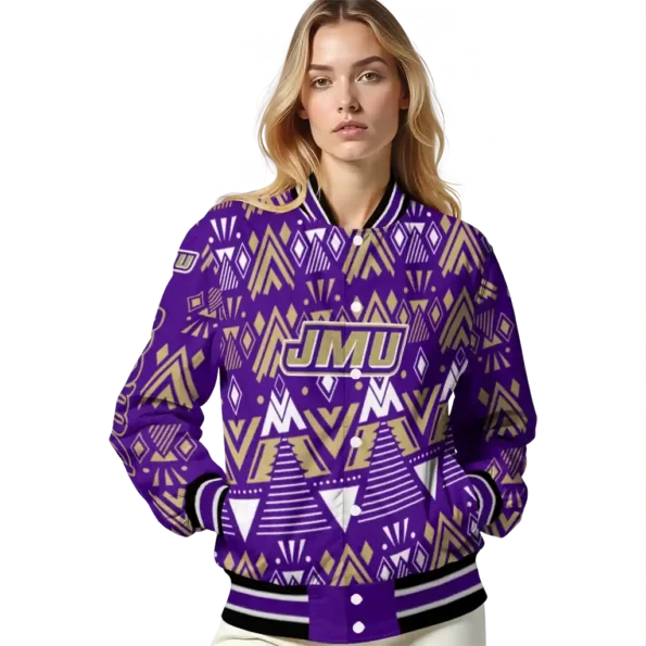 personalized james madison dukes pyramid shapes purple varsity jacket latest model.webp
