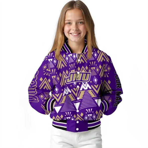 personalized james madison dukes pyramid shapes purple varsity jacket top rated.webp