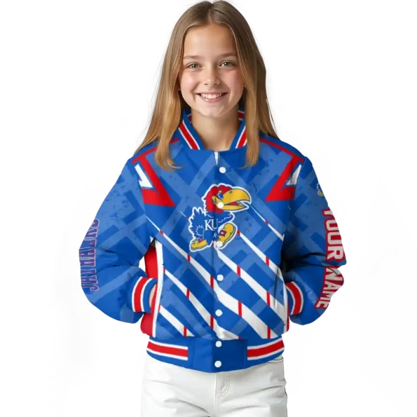 personalized kansas jayhawks chevron angles blue varsity jacket top rated.webp