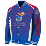 personalized kansas jayhawks hexagon grid blue varsity jacket best selling.webp