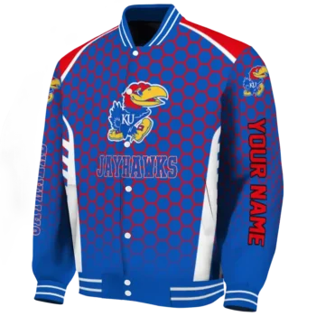 personalized kansas jayhawks hexagon grid blue varsity jacket best selling.webp