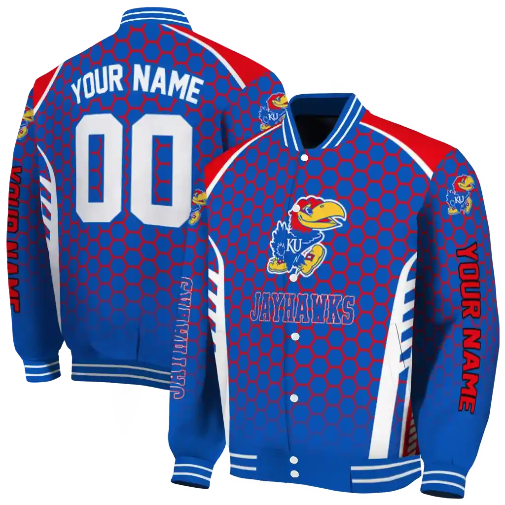 personalized kansas jayhawks hexagon grid blue varsity jacket fashion forward.webp personalized kansas jayhawks hexagon grid blue varsity jacket fashion forward.webp